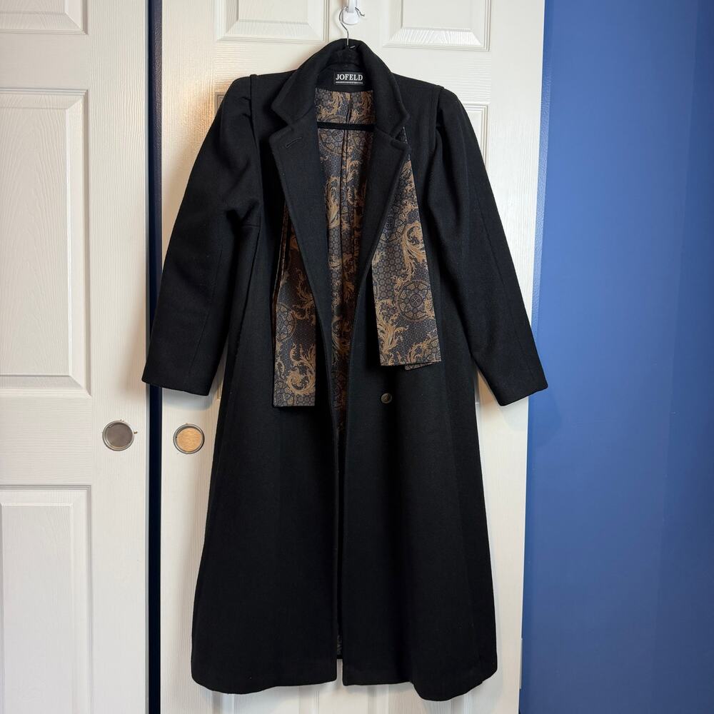 Vintage Jofeld Black Wool Blend Maxi Coat Paisley Scarf Made USA